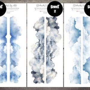 Könnte beinhalten: Drei Blätter Stickerpapier mit einem Aquarelldesign von Wolken in Blautönen und Grau. Die Blätter sind mit "Blatt 1", "Blatt 2" und "Blatt 3" beschriftet.