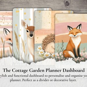 May include: Four planner dashboards featuring watercolour illustrations of a fox, deer, and hedgehog. The dashboards have a soft colour palette with gold accents and the text "The Cottage Garden Planner Dashboard".