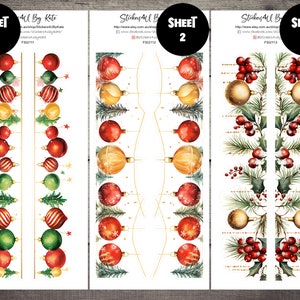 Könnte beinhalten: Drei Blätter Weihnachts-Stickerpapier mit goldenen, roten und grünen Ornamenten, Stechpalmen und Kiefernästen. Die Blätter sind mit "Blatt 1", "Blatt 2" und "Blatt 3" beschriftet.