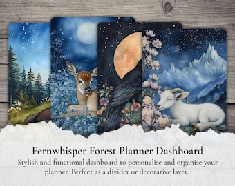 May include: Four planner dashboards with watercolor illustrations. One features a forest scene, another a deer in a field, a third a raven and moon, and the last a goat with mountains. Text reads "Fernwhisper Forest Planner Dashboard".