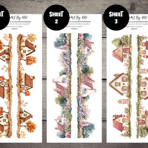 Könnte beinhalten: Drei Blätter Stickerpapier mit Illustrationen von Häusern und Gärten. Jedes Blatt hat ein anderes Design. Das erste Blatt zeigt ein blaues Haus mit einem roten Dach, das zweite Blatt zeigt ein grünes Haus mit einem weißen Dach und das dritte Blatt zeigt ein gelbes Haus mit einem braunen Dach.