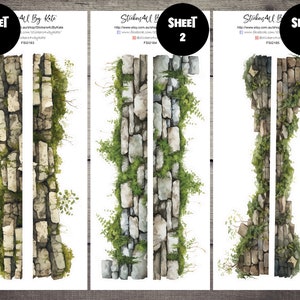 Könnte beinhalten: Drei Blätter mit Aufklebern, die eine Steinmauer mit grünen Ranken zeigen, die daran wachsen. Die Aufkleber sind mit "Blatt 1", "Blatt 2" und "Blatt 3" beschriftet.