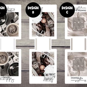 Könnte beinhalten: Drei verschiedene Designs für druckbare Wandkunst mit einer Kaffeetasse, einem Magazincover und einem Bett mit einem Telefon darauf. Der Text auf den Designs lautet "Choose happy", "The great never comes from comfort zones" und "Intention is everything".