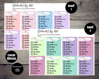 May include: Two sheets of colourful weekly cleaning checklists with a heart icon and a list of chores including toilets, bathrooms, kitchen, study, laundry, and floors. The stickers are labelled "Foiled Sticker" and come in a variety of colours.