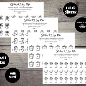 May include: A sheet of small, black and white stickers featuring various designs, including a potted plant, a pill bottle, a shopping bag, and a wine glass. The stickers are labelled "Stickers All By Kate" and include a website address and social media handles. The sheet is labelled "Small Size" and "Mini Sheet".
