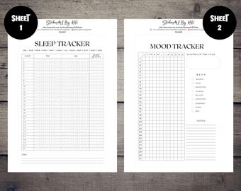 May include: Two white sheets with black text. Sheet 1 is a sleep tracker with the title "SLEEP TRACKER" and a grid for tracking sleep quality. Sheet 2 is a mood tracker with the title "MOOD TRACKER" and a grid for tracking mood.