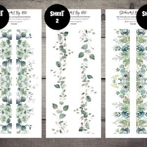 Könnte beinhalten: Drei Stickerbögen mit Aquarell-Blumendesigns. Bogen 1 zeigt grüne und weiße Blumen, Bogen 2 Eukalyptusblätter und Bogen 3 Sukkulenten. Jeder Bogen ist mit "Sheet" und einer Nummer beschriftet.