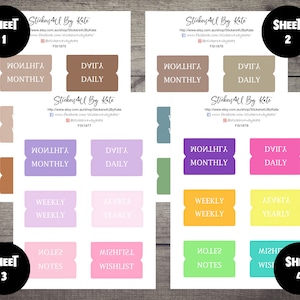 May include: Four sheets of colourful planner stickers with different categories, including "Monthly", "Daily", "Weekly", "Yearly", "Notes", and "Wishlist".