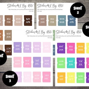 May include: Four sheets of stickers with different coloured monthly calendar tabs. Each sheet has a different colour scheme. The sheets are labelled "Sheet 1", "Sheet 2", "Sheet 3", and "Sheet 4".