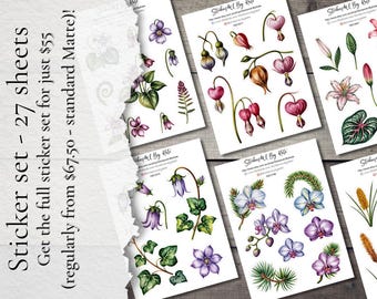 May include: A collection of sticker sheets featuring watercolor illustrations of various flowers and botanical elements. The sheets include violets, bleeding hearts, orchids, and other floral designs. The text on the left reads "Sticker set - 27 sheets".
