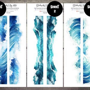 Könnte beinhalten: Drei Blätter mit Aufklebern, die Aquarell-Wellen im Ozean in Blautönen und Weiß zeigen. Die Aufkleber sind für die Verwendung auf Planern, Tagebüchern und anderen Bastelprojekten konzipiert. Der Text auf den Blättern lautet "Stickers4U By Kate", "Blatt 1", "Blatt 2" und "Blatt 3".