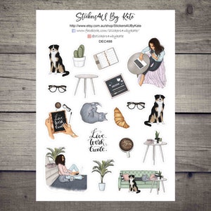 May include: A set of 14 stickers featuring illustrations of a woman working on a laptop, a dog, a cat, plants, a coffee cup, a notebook, a chalkboard, and other office supplies. The stickers are printed on white paper and have a glossy finish. The stickers are perfect for adding a touch of personality to your planner, laptop, or water bottle.