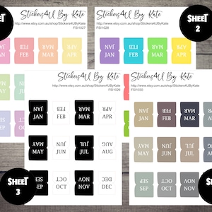 May include: Four sheets of stickers with different coloured monthly calendar tabs. Each sheet has the months of the year printed on the tabs. The tabs are in different colours and have a white border. The sheets are labelled with the numbers 1 through 4.