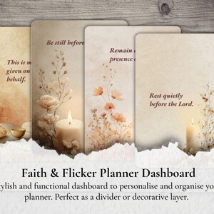 May include: Four planner dashboards with inspirational quotes and floral designs. The dashboards have a soft watercolour background, candles, and text that reads "This is m given on behalf," "Be still before," "Remain presence," and "Rest quietly before the Lord."