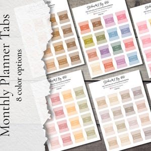 May include: Several sheets of planner tabs in pastel shades, each labelled with months and planning terms. The image includes the text "Monthly Planner Tabs" and "8 colour options".