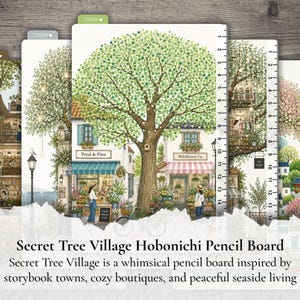 May include: A set of rectangular pencil boards featuring illustrations of a tree-filled village with shops, a large central tree, and a printed ruler along the right edge. The boards display detailed scenes of boutiques, flowers, and people.