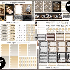 May include: A set of planner stickers with a dark gray, white, and gold color scheme. The stickers feature owls, books, and other magical elements. The stickers are labeled "Deluxe Kit" and "Foiled Kit".