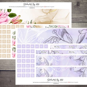 May include: A set of printable planner stickers featuring a floral design with pink flowers and white outlines. The stickers include a calendar grid, daily boxes, and weekly headers. The text "Stickers All By Kate" appears at the top of the page.