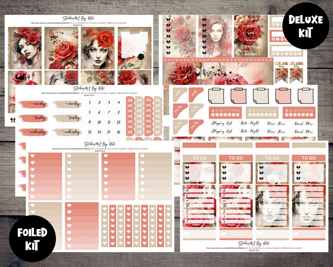 Red Roses | Foiled Weekly Vertical Planner Stickers Kit | Individual ...