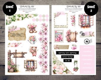 Pode incluir: Duas folhas de adesivos com um tema primaveril com desenhos florais, um urso fofo, uma janela, um regador, uma placa e uma citação que diz "As flores sempre tornam as pessoas melhores, mais felizes, mais esperançosas".