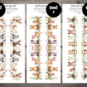 Könnte beinhalten: Drei Blätter mit Aufklebern, die Aquarell-Illustrationen von Waldtieren zeigen, darunter Füchse, Hirsche, Kaninchen und Vögel. Die Aufkleber sind in Reihen auf weißem Hintergrund angeordnet. Der Text "Stickers All By Kate" und "Blatt 1, 2, 3" ist auf den Blättern sichtbar.