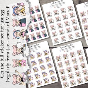 May include: A collection of sticker sheets featuring a cartoon character in various poses. The character has pink hair and glasses, and the stickers depict activities like cleaning and relaxing. Text on the sheets reads "Sticker set - 16 sheets".