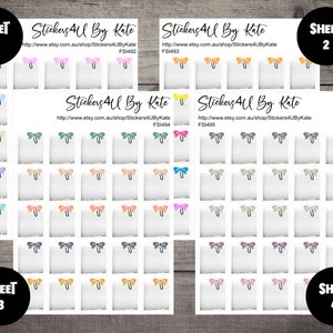 May include: Four sheets of stickers featuring a range of colourful bow designs. Each sheet contains 36 stickers with a white square and a bow in different colours. The sheets are labelled "Sheet 1", "Sheet 2", "Sheet 3", and "Sheet 4".