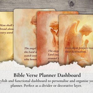 May include: Planner dashboard featuring Bible verses and angel imagery. The cards display quotes such as "Man shall not live on bread alone" and "Even silent prayers reach their destination." Ideal for personalising and organising a planner.