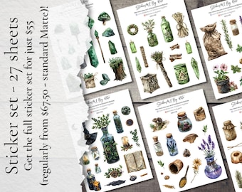 Botanical Apothecary Sticker Set | 27 Sheets | Witchy Greenery, Jars and Crystals | Junk Journal, Scrapbooking & Planner Stickers