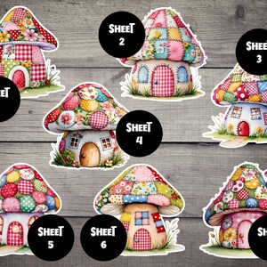 Könnte beinhalten: Eine Sammlung von sieben skurrilen Pilzhaus-Aufklebern. Jeder Aufkleber zeigt ein farbenfrohes Patchwork-Design auf dem Pilzhut und eine kleine Tür. Die Aufkleber sind mit dem Wort "SHEET" und einer Nummer von 1 bis 7 in einem schwarzen Kreis beschriftet.