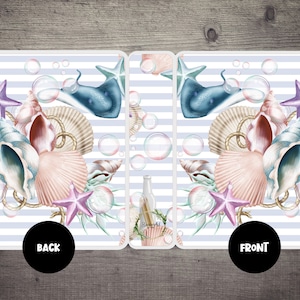 May include: A printable card with a seashell and starfish design. The front of the card has the word "FRONT" and the back of the card has the word "BACK".