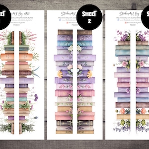 Könnte beinhalten: Drei Blätter mit Aufklebern, die Stapel von Vintage-Büchern mit floralen Akzenten zeigen. Die Aufkleber sind mit "Blatt 1", "Blatt 2" und "Blatt 3" beschriftet.
