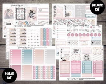 May include: A set of planner stickers with a pink, blue, and gray color scheme. The stickers feature various designs, including hearts, bows, coffee cups, and the text "Just Love".