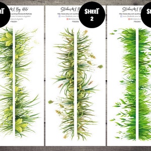 Könnte beinhalten: Drei Blätter mit Aufklebern, die verschiedene Designs von grünem Gras und Laub zeigen. Die Aufkleber sind mit "Blatt 1", "Blatt 2" und "Blatt 3" beschriftet.