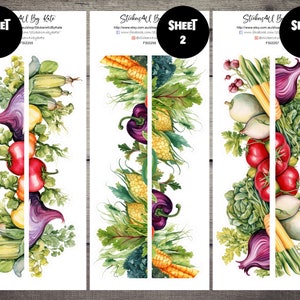 Könnte beinhalten: Drei Blätter mit Aufklebern, die Aquarell-Illustrationen verschiedener Gemüsesorten zeigen, darunter Tomaten, Zwiebeln, Zucchini, Mais und Paprika. Die Aufkleber sind in einem vertikalen Randdesign angeordnet. Der Text "SHEET 1", "SHEET 2" und "SHEET 3" ist auf jedem Blatt gedruckt.