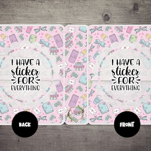 May include: A pink and white sticker planner with a cute pattern of hearts, envelopes, and coffee cups. The front cover says "I have a sticker for everything". The back cover says "I have a sticker for everything".