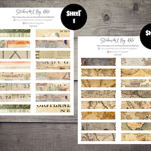 May include: Two sheets of vintage-style stickers featuring maps and text. The first sheet has 12 stickers with text and numbers. The second sheet has 12 stickers with maps of various regions. The text on the stickers includes "Stickers 4U By Kate", "FS11475", "FS11476", "TYPOGRAPHIC RO", "NET", "VIGILAND", "NE", "Terabithia", "SHEET 1", and "SHEET 2".