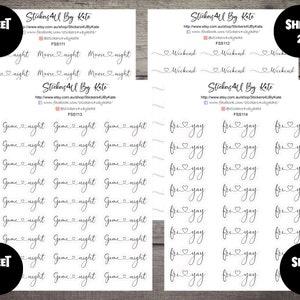 Könnte beinhalten: Vier Blätter mit Planer-Aufklebern mit verschiedenen Designs. Blatt 1 hat den Text "Movie night" und "Game night" mehrmals wiederholt. Blatt 2 hat den Text "Weekend" mehrmals wiederholt. Blatt 3 hat den Text "fri yay" mehrmals wiederholt. Blatt 4 hat den Text "fri yay" mehrmals wiederholt.