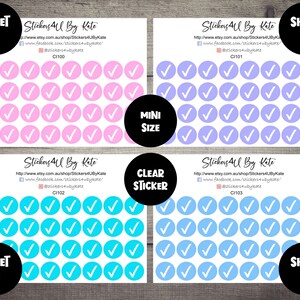 May include: Four sheets of clear stickers with a checkmark design. Each sheet has a different color: pink, purple, blue, and light blue. The stickers are labeled with the product code and sheet number. The text "Mini Size" and "Clear Sticker" are also included.