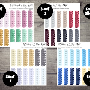 May include: Four sheets of decorative stickers with scalloped edges and bow designs in various colours, including pink, green, beige, grey, blue, and white. The stickers are labelled "Sheet 1", "Sheet 2", "Sheet 3", and "Sheet 4".