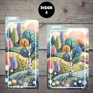 以下が含まれることがあります： 2つの装飾的なプランナーインサート。気まぐれな風景デザイン。インサートは、木、丘、花のカラフルなイラストが特徴で、白いボーダーで縁取られています。「TODAY」の文字が上部にあります。デザインは黒い円で「DESIGN A」と表示されています。