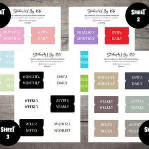 May include: Four sheets of printable planner stickers with different categories, including "Monthly", "Daily", "Weekly", "Yearly", "Notes", and "Wishlist". The stickers are in various colours and have a modern, minimalist design.