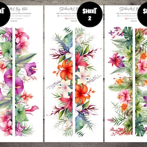 Könnte beinhalten: Drei Blätter mit Aufklebern, die Aquarell-Illustrationen von tropischen Blumen und Blättern zeigen. Die Aufkleber sind in einem vertikalen Randdesign angeordnet. Die Blätter sind mit "Blatt 1", "Blatt 2" und "Blatt 3" beschriftet.