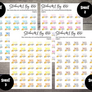 May include: Four sheets of stickers with a taco and the words "TACO night" in various colors. The stickers are arranged in a grid pattern. The Etsy shop name and URL are at the top.
