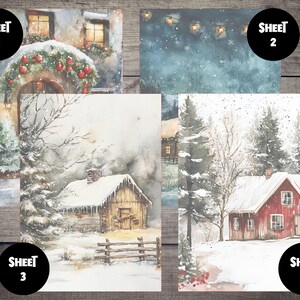 May include: Four printable sheets of winter-themed watercolor illustrations. Sheet 1 shows a house with a wreath on the door. Sheet 2 shows a night sky with stars. Sheet 3 shows a cabin in the woods. Sheet 4 shows a red cabin in the snow.