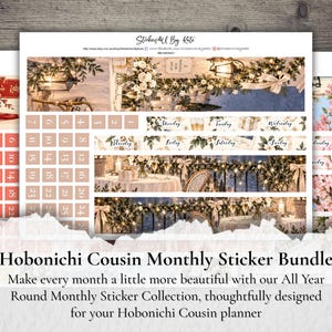 May include: A Hobonichi Cousin monthly sticker bundle featuring a sheet with numbered date squares, days of the week labels, and decorative strips showing festive holiday scenes with lanterns, garlands, white flowers, and champagne glasses.