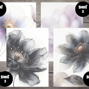 May include: Four floral art prints with watercolor-style flowers in shades of gray, purple, and white. Each print is labeled with a black circle and the word "SHEET" followed by a number. The flowers have delicate details.