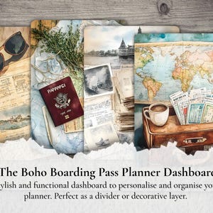 May include: A set of decorative planner dashboards with a travel theme. The image features a passport, sunglasses, vintage maps, postcards, and a small suitcase with a cup of coffee. The text reads "The Boho Boarding Pass Planner Dashboard."