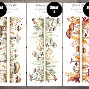 Könnte beinhalten: Drei Blätter mit Aufklebern, die Aquarell-Illustrationen von Pilzen und Blättern zeigen. Die Aufkleber sind mit "Blatt 1", "Blatt 2" und "Blatt 3" beschriftet.