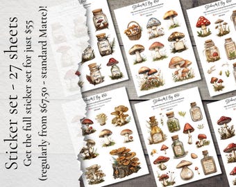 Vintage Mushroom Sticker Set – 27 Sheets | Cottagecore Botanical Stickers for Journaling, Scrapbooking & Crafts